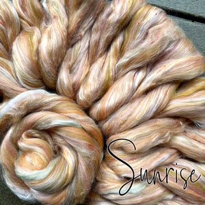SUNRISE - 23 micron Merino, Bamboo Rayon, Red Eri Silk, Viscose Bits - By The Pound - Group Presale