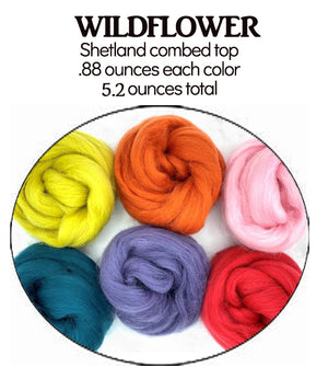 WILDFLOWER  -  SHETLAND -  Felting/carding/spinning sampler - 15 ounces (three 5 ounce sampler packs)