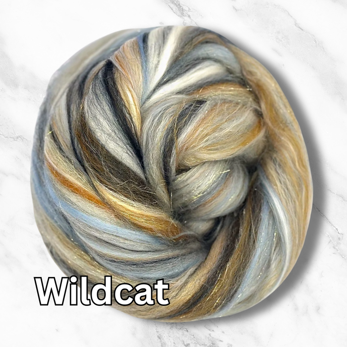 Wildcat MERINO, BAMBOO RAYON, STELLINA BLEND, MULBERRY SILK Combed Top Blend - 1 Pound Group Presale - Please Allow up to 3 Weeks for Shipping