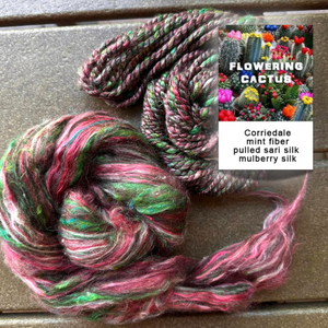 FLOWERING CACTUS - Corriedale/mint fiber/pulled sari silk/mulberry silk -  one ounce - m