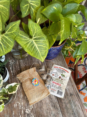 Mary's Alpaca Poop - burlap bag with five pods and instructions. - Poop your plants