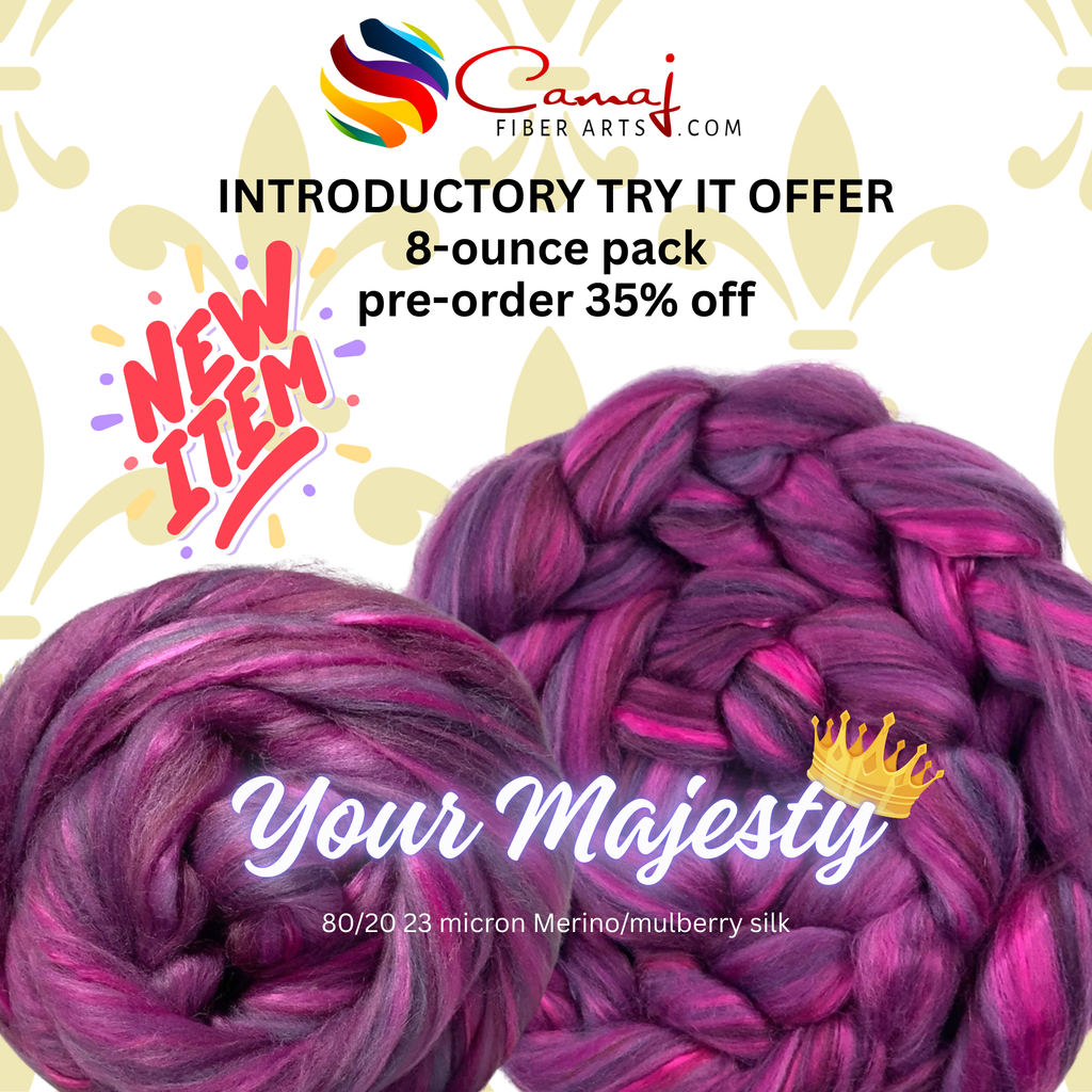 YOUR MAJESTY new blend!  80/20 Merino/mulberry silk blend.  Introductory offer of 35% off a 8- ounce pack **give up to 3 weeks for shipping