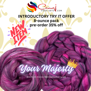 YOUR MAJESTY new blend!  80/20 Merino/mulberry silk blend.  Introductory offer of 35% off a 8- ounce pack **give up to 3 weeks for shipping