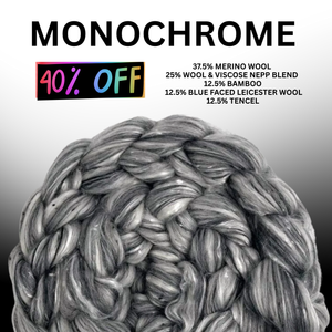 NEW BLEND! MONOCHROME - merino/viscose/bamboo/BFL/tencel - 8 OUNCE PRE-ORDER ** please give up to 3 weeks for shipping**