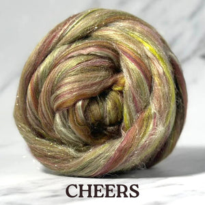 Black Friday Sale! 35% OFF New Blend CHEERS Merino, Bamboo Rayon, Mulberry Silk, and Stellina Blend Combed Top - By The Ounce - J