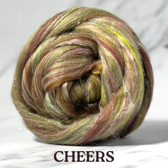 Black Friday Sale! 35% OFF New Blend CHEERS Merino, Bamboo Rayon, Mulberry Silk, and Stellina Blend Combed Top - By The Ounce - J