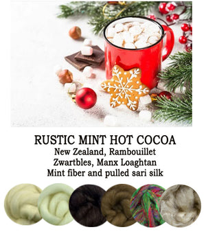 RUSTIC MINT HOT COCOA Custom Blend  - New Zealand, Rambouillet, Zwartbles, Manx Loaghtan, Mint fiber- Pulled sari silk- 1 ounce - M