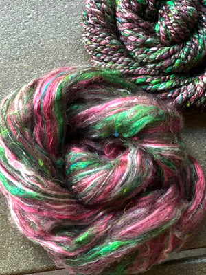 FLOWERING CACTUS - Corriedale/mint fiber/pulled sari silk/mulberry silk -  one ounce - m