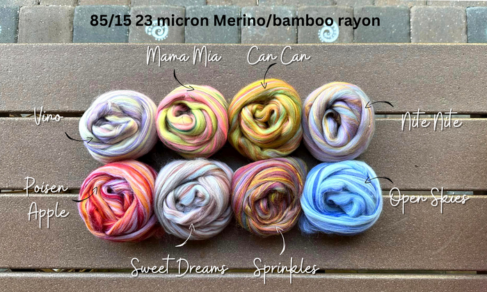 SAMPLER Merino/Bamboo Rayon 85/15 Blend Combed Top Sampler - 14 OUNCE  **please give up to 3 weeks for shipment**