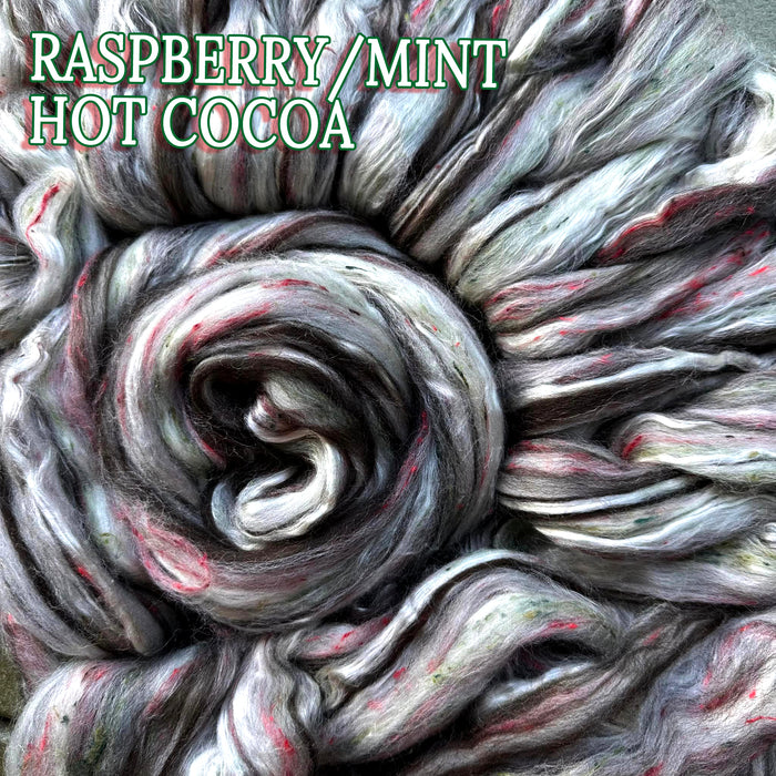 RASPBERRY MINT HOT COCOA custom blend - Brown Corriedale, Mint fiber, Cormo, Raspberry, South American wool and viscose bits. - m  -  ONE OUNCE