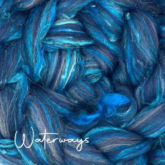 WATERWAYS- 60/40 recycled wool/pulled sari silk blend - 1 ounce  please give up to 3 weeks shipping for pre-orer fibersa