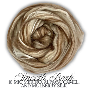 SMOOTH BARK - 18 mic Merino, Alpaca, Camel, and Mulberry Silk Blend Top - ONE POUND Group Presale