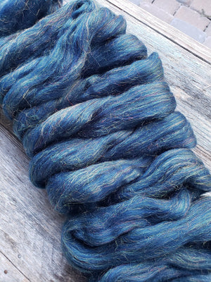 OHH SHINY SALE!  DEEP BLUE Soft 23 micron Merino and Rainbow Firestar Blend Combed Top - 4 Ounces - Sold by Jessica