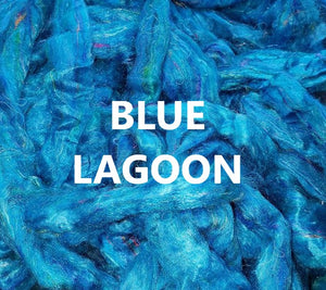 Pulled Sari Silk Waste Roving BLUE LAGOON  - One Ounce - J