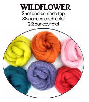 GROUP SALE - WILDFLOWER  -  Shetland Wool Felting/carding/spinning sampler - 15 ounces (three 5 ounce sampler packs)