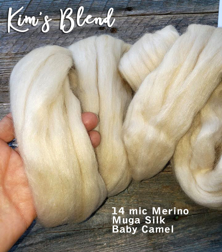 KIM'S BLEND - 14 Micron Merino, Light Brown Camel & Muga Silk Fully Blended Combed Top  - 1 OUNCE, M