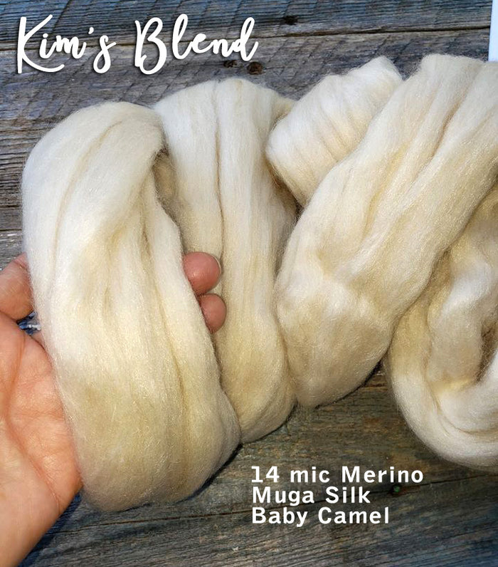KIM'S BLEND - 14 Micron Merino, Light Brown Camel & Muga Silk Fully Blended Combed Top - 1 ounce  PRE-ORDER - PLEASE GIVE 6 IT 8 WEEKS FOR MILLING